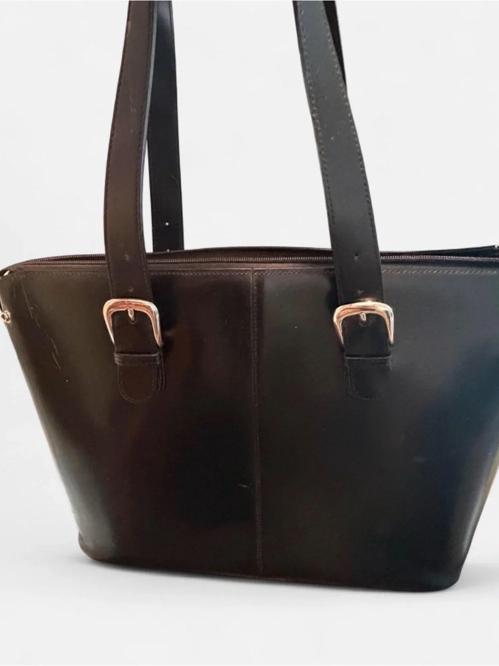 Jack Georges Women's Large Black Leather Shoulder Tote Bag with Buckle Straps